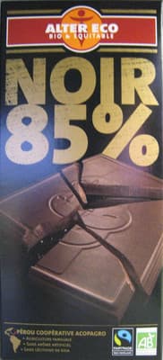 Noir equitable 85% Pérou by Alter Eco - 85% chocolate bar