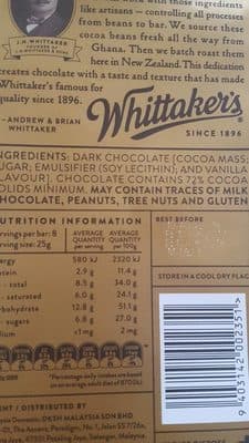 Whittakers Choc 72%D / Ghana200g by Whittakers - 72% chocolate bar