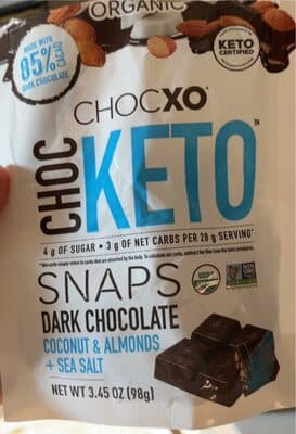 KETO 85% Cacao Dark Chocolate Coconut Almond Sea Salt Snaps by Chocxo - 85% chocolate bar