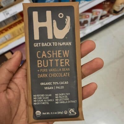 Cashew Butter + Pure Vanilla Bean Dark Chocolate Bar by Hu - 70% chocolate bar