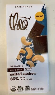 Salted Cashew Extra Dark Chocolate Bar by Theo - 70% chocolate bar